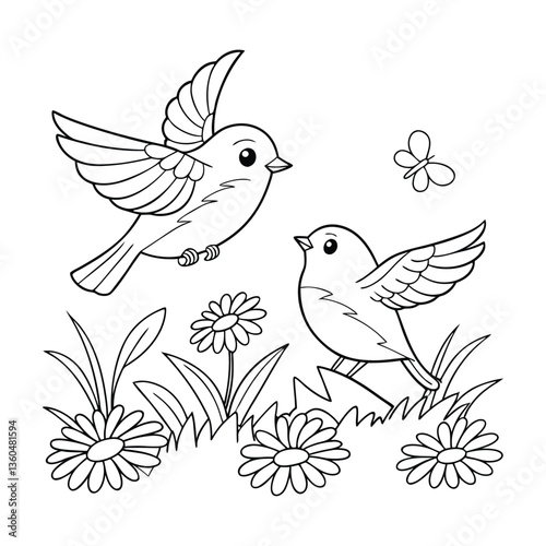 Bird Sitting on a Branch ,Tropical birds set, summer bird coloring pages for kids and adults