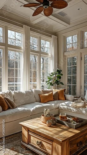 Sunlit, cozy living room with large windows, showing off a modern farmhouse aesthetic.  Perfect for a home decor or lifestyle image