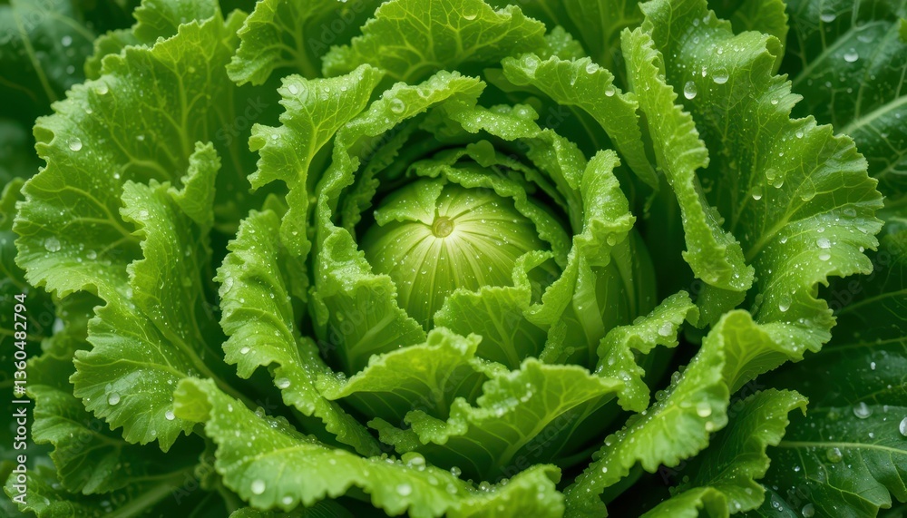 Fresh Green Lettuce with Raindrops on Leaves Close-Up View Fresh Green Lettuce with Raindrops on Leaves Close-Up View