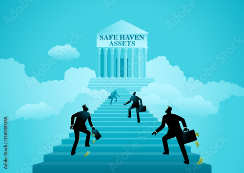 Illustration of investors in suits rushing up a grand staircase to a neoclassical building labeled Safe Haven Assets. Symbolizing the strategic shift of investments during market uncertainty.
