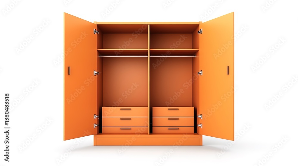 An open light - colored wooden wardrobe with hanging rods, shelves, and drawers inside, on a white background, minimalist style, high - quality 3D render An open light - colored wooden wardrobe with hanging rods, shelves, and drawers inside, on a white background, minimalist style, high - quality 3D render