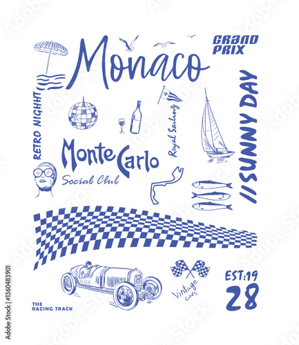 Monaco travel hand drawn vector art, Monaco vintage racing club vector design, French summer vacation artwork for t shirt, poster, tote bag, wall art