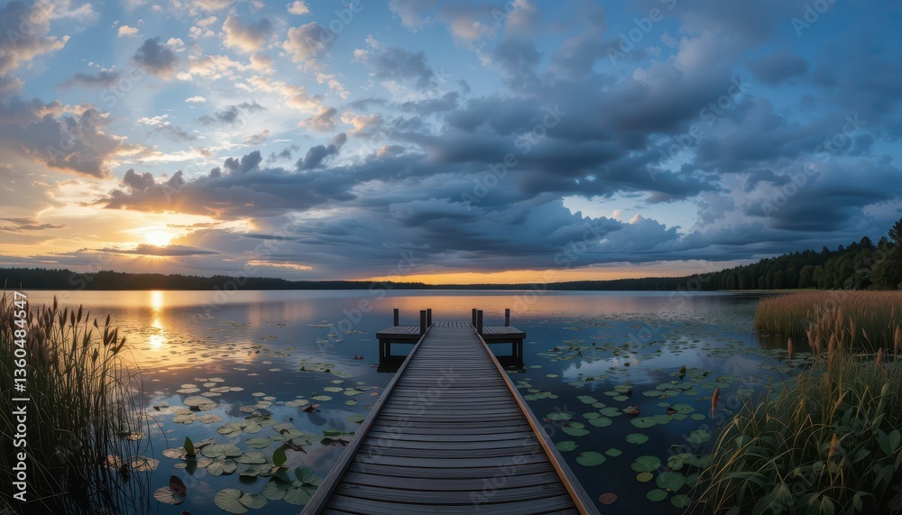 Fototapeta premium Serene Sunset Over Calm Lake with Wooden Dock and Lush Surroundings