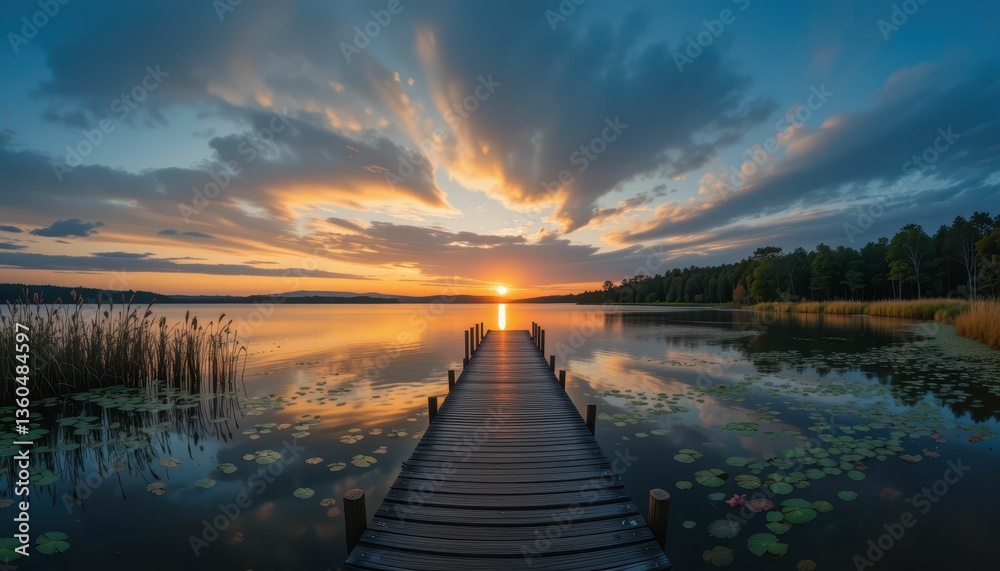 Obraz premium Serene Sunset Over a Tranquil Lake with a Wooden Pier and Reflections