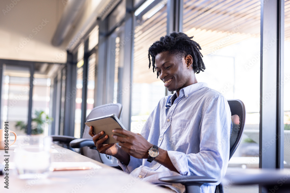 Using tablet, professional smiling and engaging with technology in modern office, copy space Using tablet, professional smiling and engaging with technology in modern office, copy space