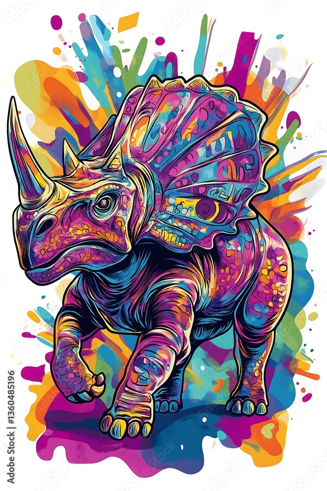 Obraz premium Colorful triceratops illustration portrays a vibrant prehistoric creature with creative splashes
