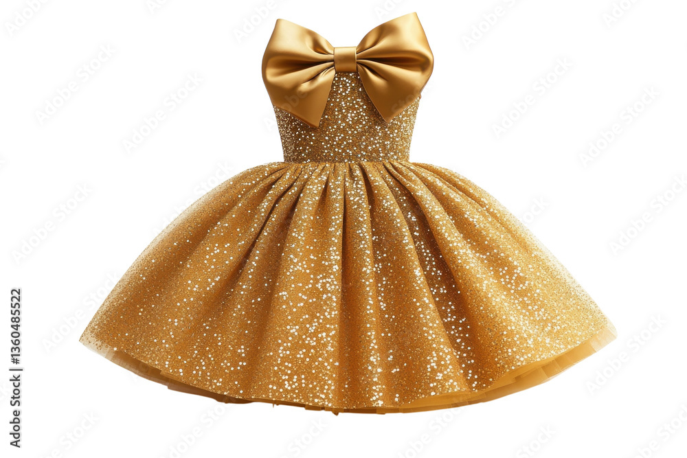 Obraz premium A Dazzling Golden Glitter Dress, Perfect For A Little Princesss Special Day, Features A Large Satin Bow And A Full, Sparkly Skirt Isolated on Transparent Background