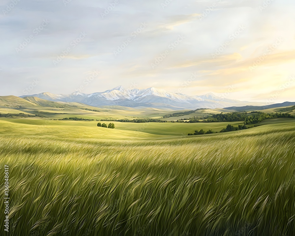 Obraz premium Serene Mountain Valley Sunset Wheat Field.