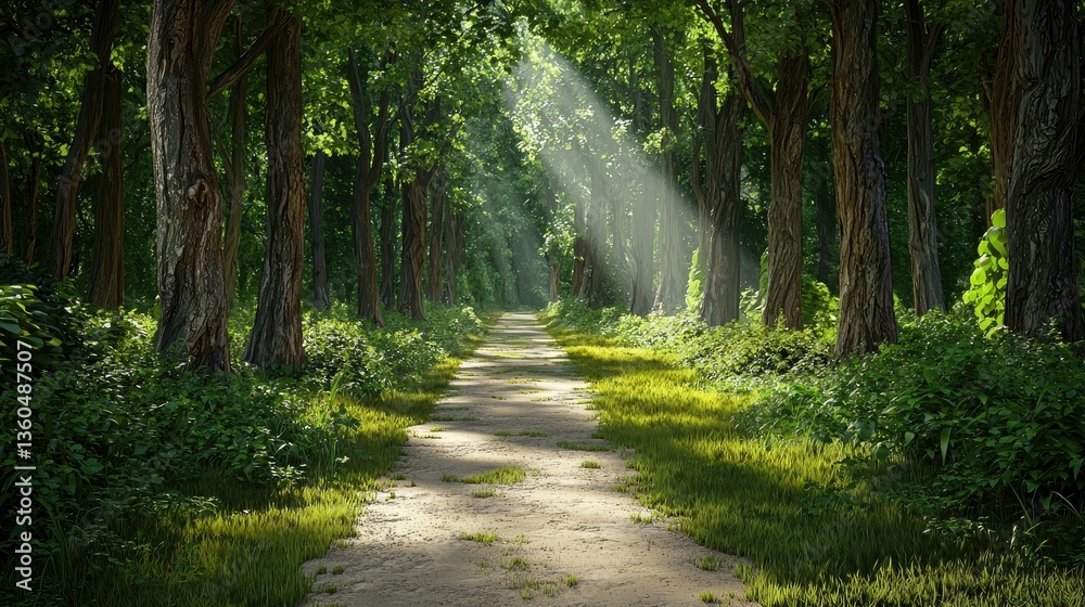 Obraz premium Dreamy nature trail winding through a dense green forest, bathed in warm morning light.