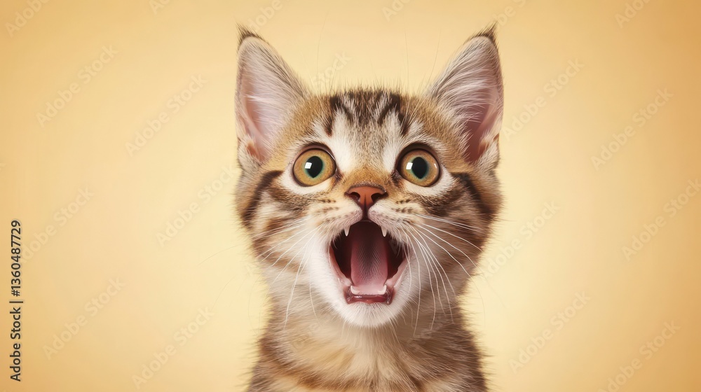 Obraz premium Astonished Kitten: A close-up shot of an adorable tabby kitten with wide, expressive eyes and an open mouth, exuding a sense of surprise and wonder, set against a subtle background.