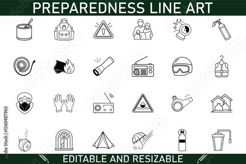 Emergency Preparedness Line Art Icons Safety, Survival, and Rescue