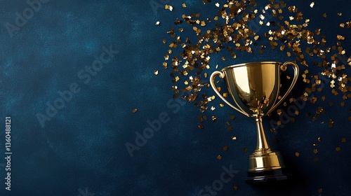 A golden trophy on a teal background, with golden confetti around, celebratory, high - contrast, realistic 3D render