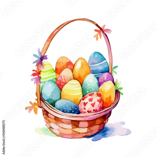 basket with easter eggs, water color hand made paint