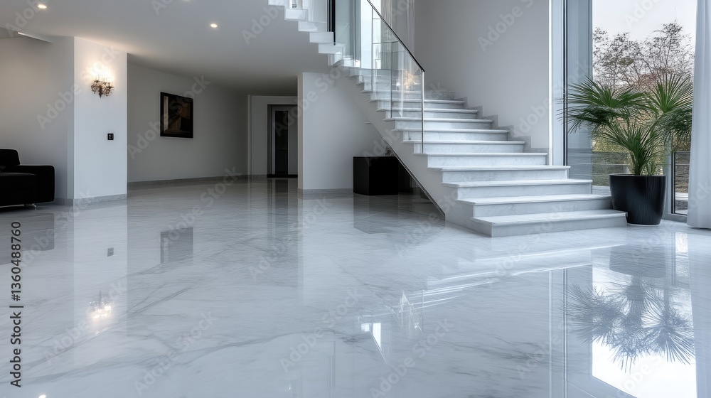 Obraz premium Modern, spacious interior with polished marble flooring. Large windows offer stunning views. Sleek staircase and elegant design