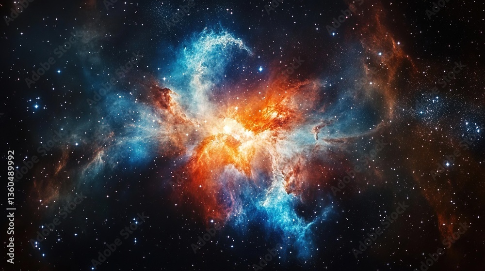 An image of a nebula with blue, red, and orange gases and dust, scattered with stars around, cosmic style, high - resolution space photography An image of a nebula with blue, red, and orange gases and dust, scattered with stars around, cosmic style, high - resolution space photography