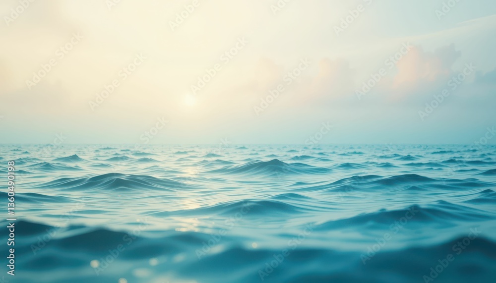 Naklejka premium Tranquil Ocean Waves Under Soft Sunrise Sky with Gentle Colors