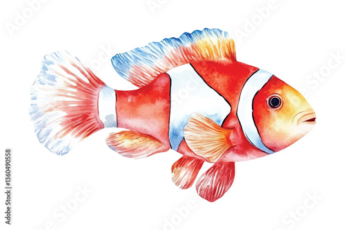 clown fish watercolor vector illustration, underwater ocean animal art isolated on white background