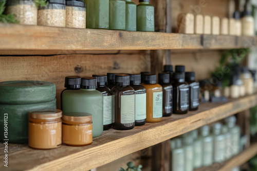 Various eco-friendly beauty products arranged on wooden shelves, highlighting sustainable and natural skincare photo