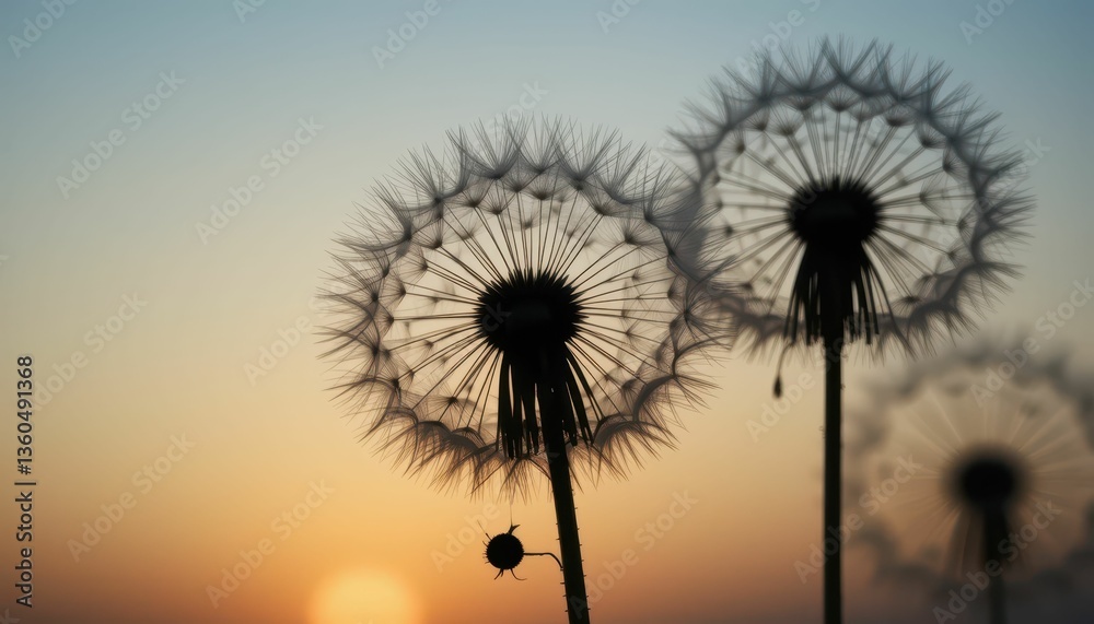 Obraz premium Dandelion Silhouettes Against a Vibrant Sunset Sky in Nature