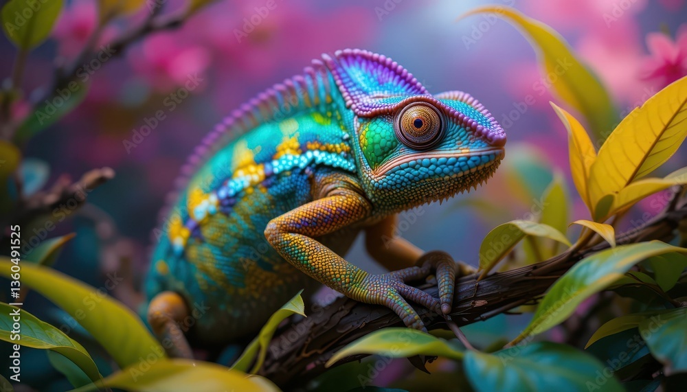 Vibrant Chameleon on Branch Surrounded by Colorful Leaves and Flowers Vibrant Chameleon on Branch Surrounded by Colorful Leaves and Flowers