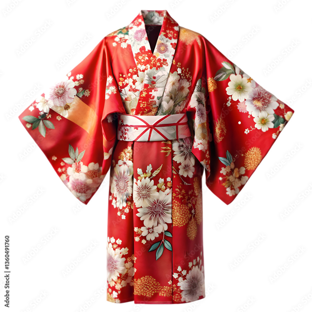 red kimono with floral patterns isolated on transparent background red kimono with floral patterns isolated on transparent background