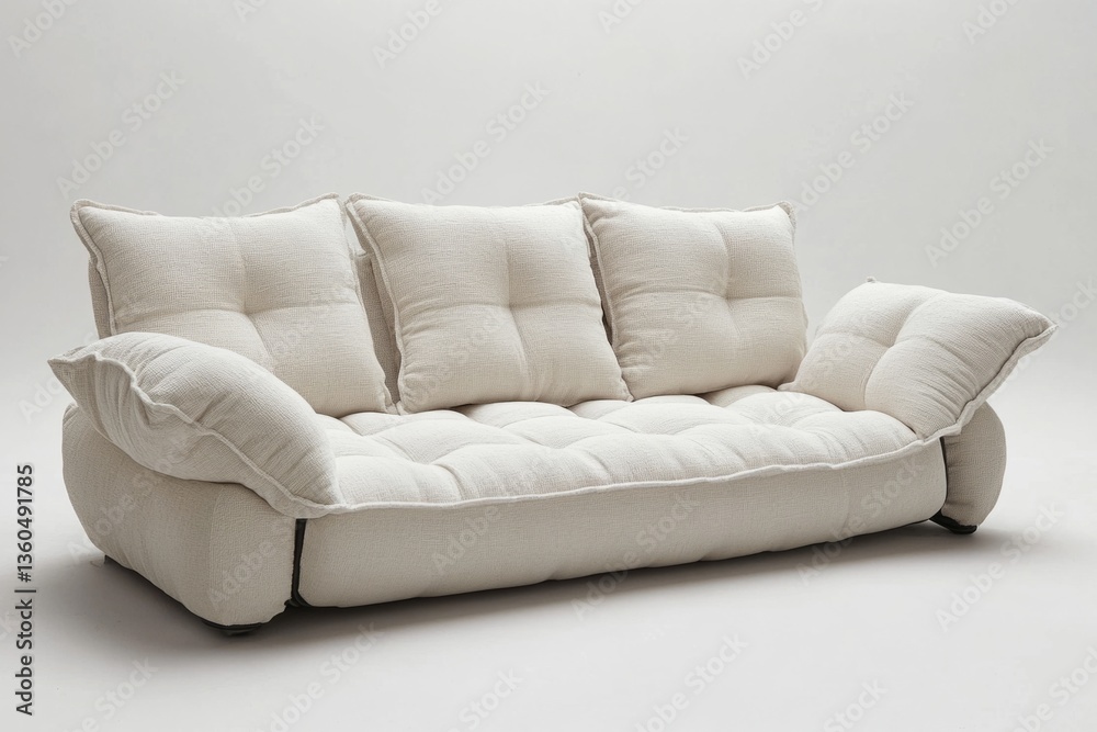 Fototapeta premium Modern beige sofa with multiple cushions offers a comfortable seating experience in a minimalist interior design setting