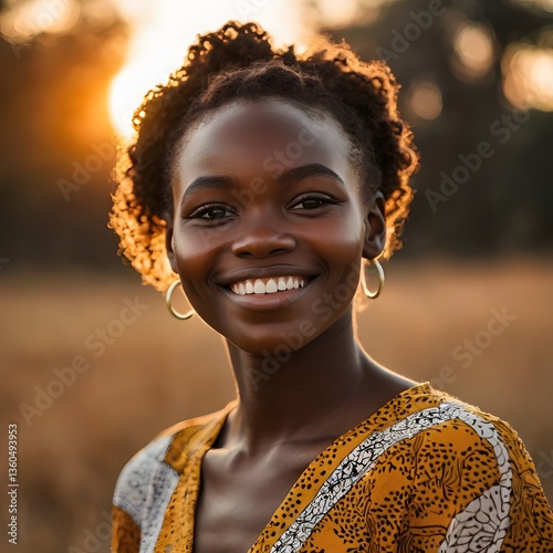 Wallpaper Mural African woman, golden hour, sunset, smiling, relaxed, glowing skin, serene outdoor portrait Torontodigital.ca