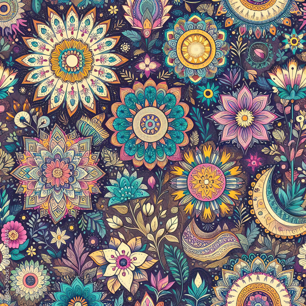Seamless retro pattern with flowers and bouquets and traditional indian patterns, hand drawn. children's drawing, background illustration of traditional indian tapestry. vintage textile print Seamless retro pattern with flowers and bouquets and traditional indian patterns, hand drawn. children's drawing, background illustration of traditional indian tapestry. vintage textile print