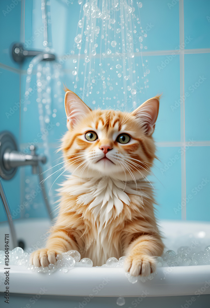 beautiful red cat taking bath with bubbles. Digital artwork. Ai generated