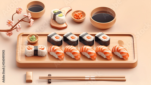 Hand drawn illustration set of sushi and sushi geta photo