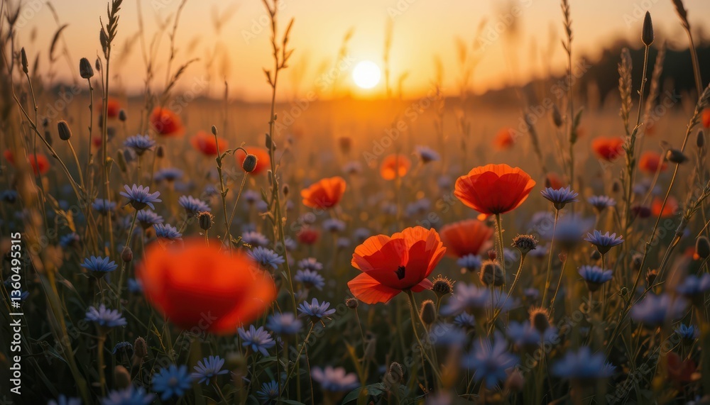 Obraz premium Vibrant Field of Red Poppies and Blue Flowers at Golden Hour