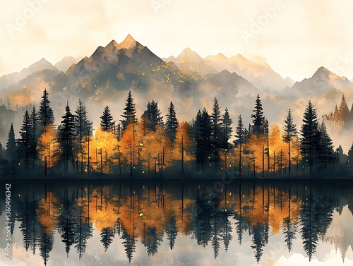 Autumn Forest Reflections Mountains.