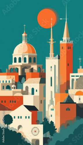 Wallpaper Mural Colorful Urban Skyline with Towers and Sun in Flat Design Style Torontodigital.ca