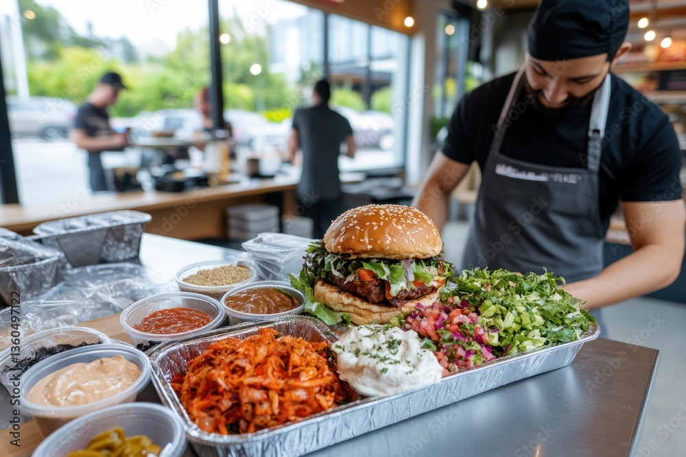 Obraz premium Chef prepares a large burger with a variety of fresh toppings in a vibrant kitchen setting during lunchtime