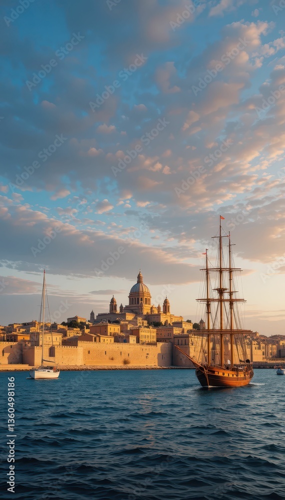 Fototapeta premium Scenic View of Historic City with Sailing Ship at Sunset