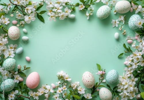 Wallpaper Mural Colorful Easter Eggs Surrounded by Blossoming Flowers on a Soft Mint Background Perfect for Spring Celebrations and Festive Imagery Torontodigital.ca