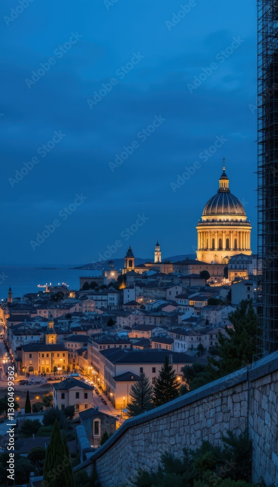 Obraz premium Beautiful Cityscape at Dusk with Illuminated Buildings and Dome