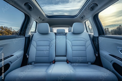 Modern car interior showing empty back seats with open sunroof, grey upholstery and seatbelts