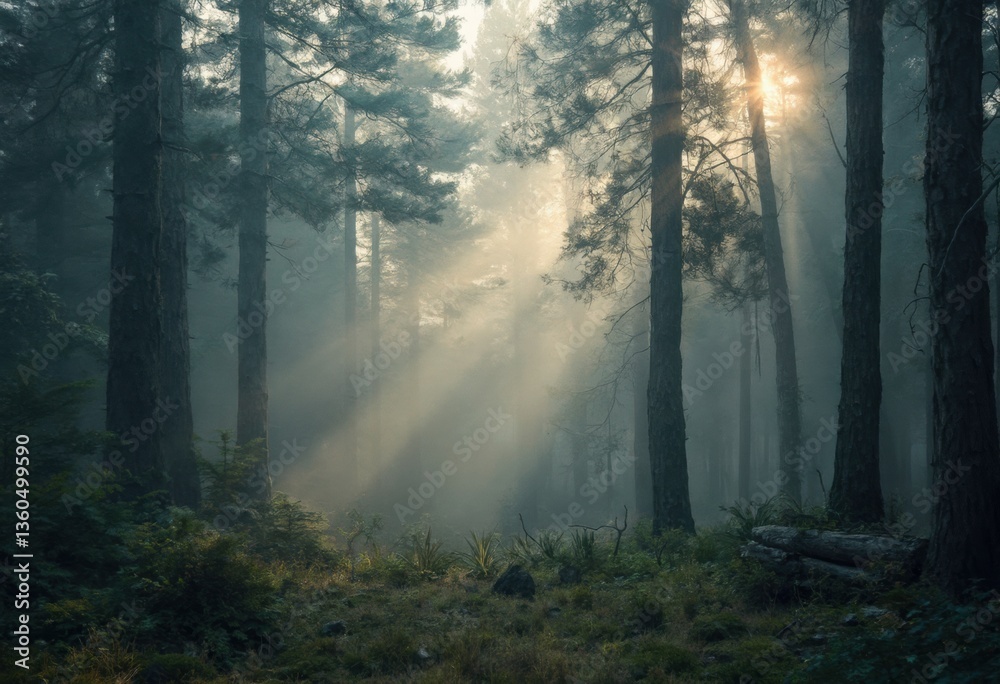 Obraz premium Sunlight Filtering Through Trees in a Serene Forest