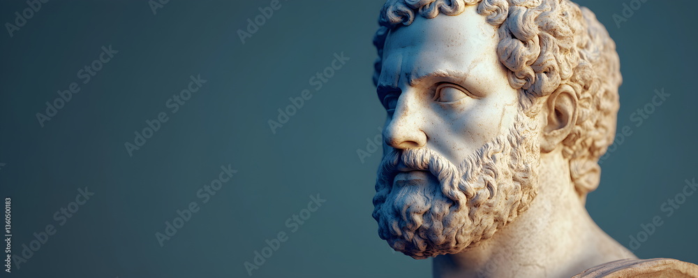 Portrait of antique plaster bust of male marble head with beard and curly hair isolated on blue background, copy space. Head of antique statue, anatomical model. Portrait of antique plaster bust of male marble head with beard and curly hair isolated on blue background, copy space. Head of antique statue, anatomical model.