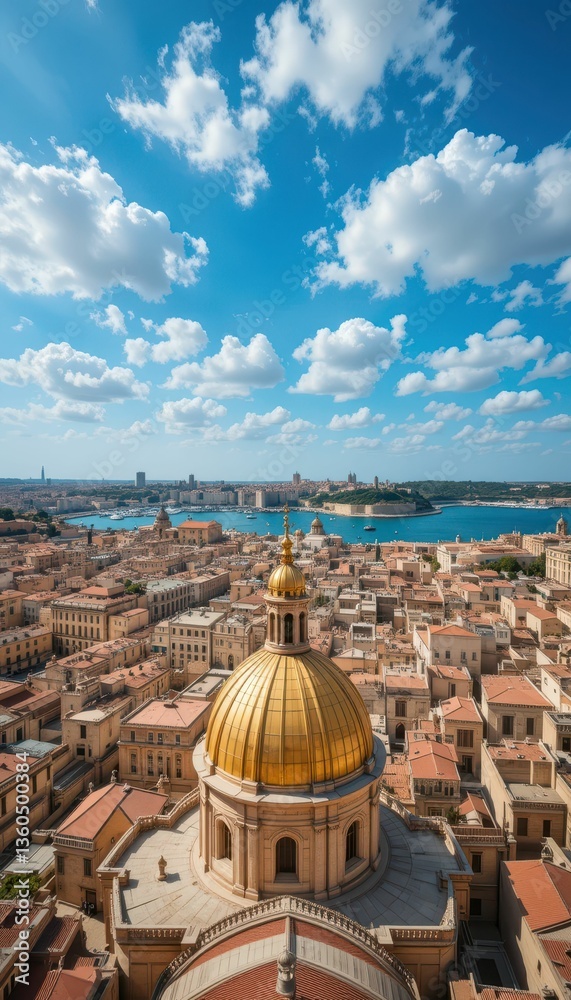 Fototapeta premium Stunning Aerial View of Cityscape with Golden Dome and Blue Sky