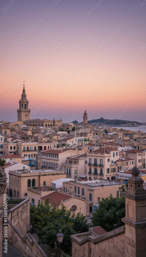 Obraz premium Beautiful Sunset Over Historic Cityscape with Tower and Rooftops