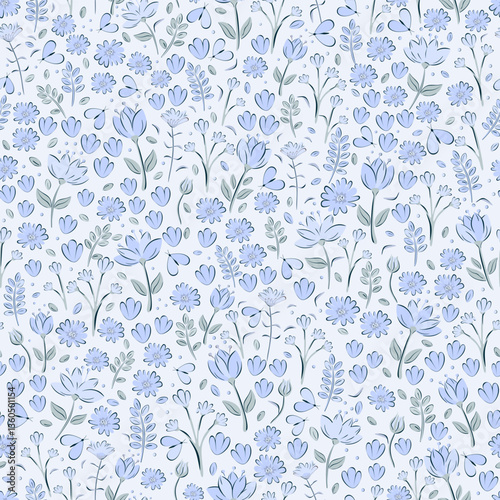 Vector illustration. Seamless pattern of delicate blue flowers on a light background. Ditsy floral blue pattern, field of flowers, print for fabric, textile, wallpaper, baby clothes, packaging	
