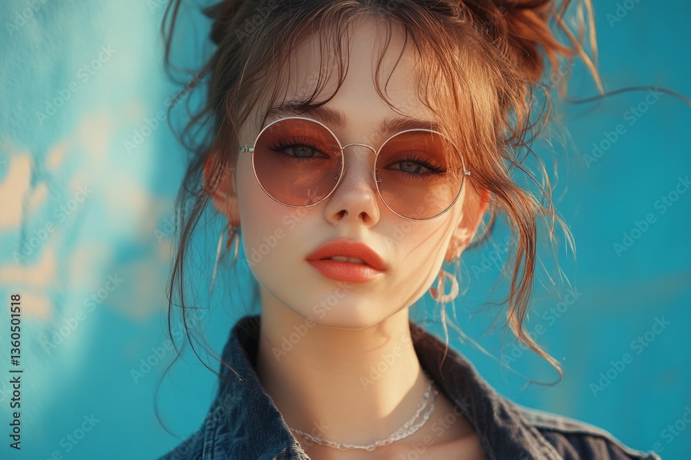 Fototapeta premium Portrait of a stylish young woman with round sunglasses and denim jacket against a vibrant turquoise backdrop