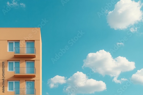 Modern apartment building under a clear blue sky with fluffy clouds in the backdrop on a sunny day