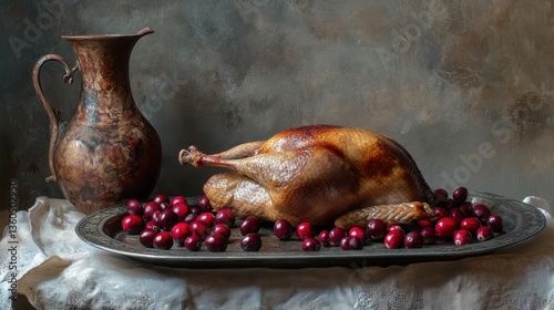 Imagen de un pavo asado con cerezas rojas