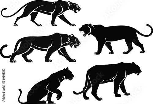 Collection of black silhouettes of wild animals and farm animals tigers vector style
