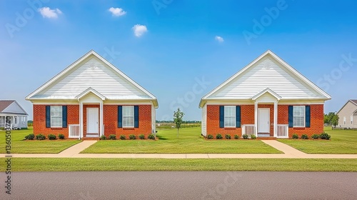 Identical brick houses, suburban street, sunny day, residential development, real estate