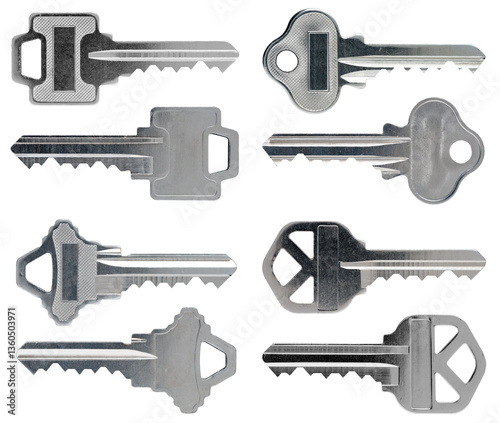 Multiple house door lock keys isolated on white background