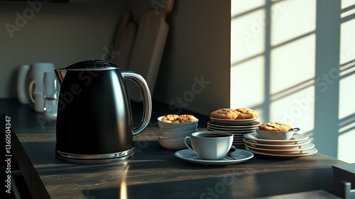A sleek black kitchen kettle placed next to a stack of tea cups and a plate of cookies on a kitchen counter